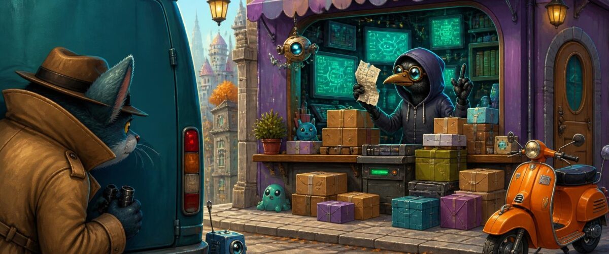 Illustration eines Detektivs hinter einem Observationswagen, der einen Paketshop beobachtet, in dem ein Hacker mit einem zerknüllten Einkaufszettel gestikuliert, daneben ein orangefarbener Roller.