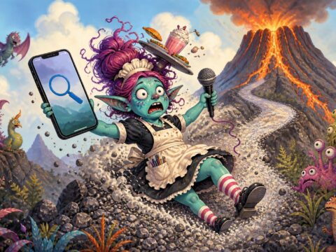 Gestresste Kellnerin rutscht einen frisch geschotterten Vulkanpfad hinunter und jongliert Smartphone und Mikrofon.