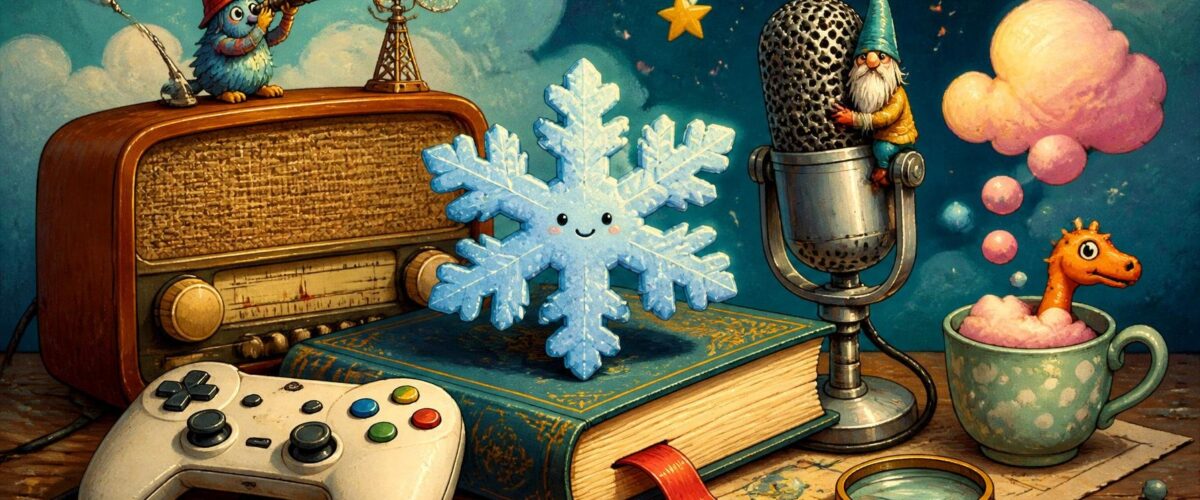 Verspieltes Stillleben aus Schneeflocke, Spielkonsole, Buch, Radio und Mikrofon.
