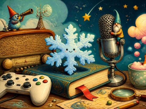 Verspieltes Stillleben aus Schneeflocke, Spielkonsole, Buch, Radio und Mikrofon.