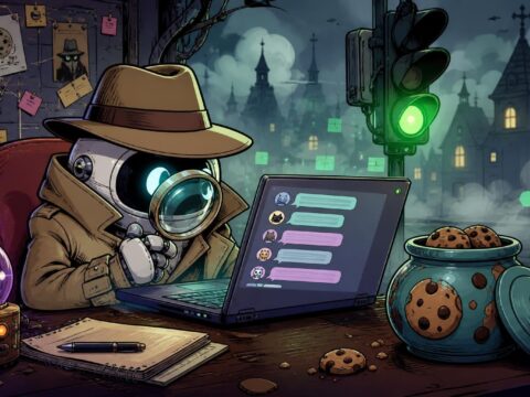 Ein Kommissar liest einen Chat-Verlauf auf einem Laptop; daneben eine Ampel, die bei Nebel grün leuchtet, und eine offene Keksdose, im Comicstil.