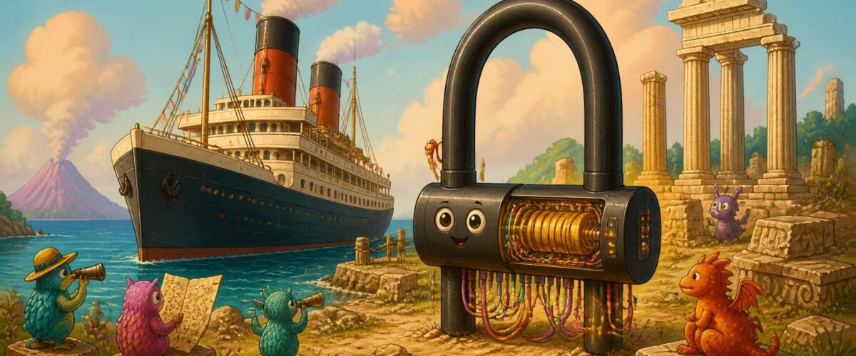 Cartoon: Quantencomputer als Lakritz-Fahrradschloss neben einem alten Kreuzfahrtschiff und antiken Ruinen.