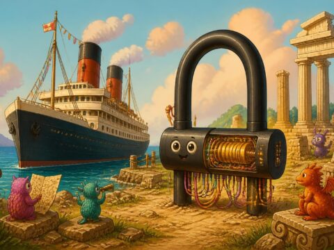 Cartoon: Quantencomputer als Lakritz-Fahrradschloss neben einem alten Kreuzfahrtschiff und antiken Ruinen.