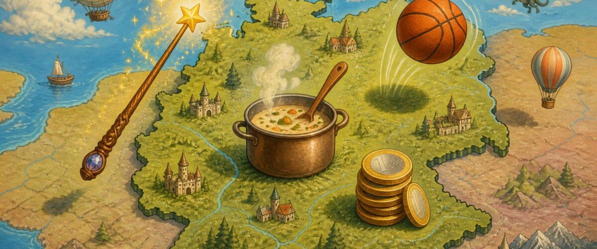 Verspielte Illustration mit Zauberstab, Kochtopf, Basketball und Euro-Münzen über einer Deutschlandkarte.