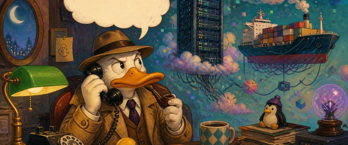 Illustration eines Kommissars mit Telefonhörer, darüber eine Wolken-Sprechblase, im Hintergrund ein Serverschrank und ein Containerschiff, auf dem Schreibtisch eine Quietscheente.