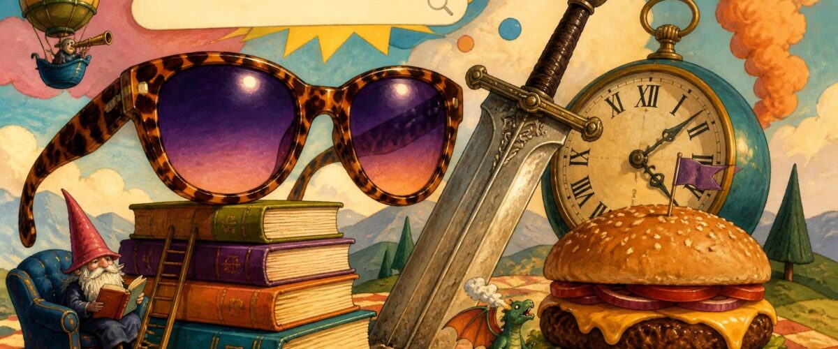 Verspielte Collage mit überdimensionaler Sonnenbrille, Claymore-Schwert, Bücherstapel, Vintage-Uhr und Cheeseburger.