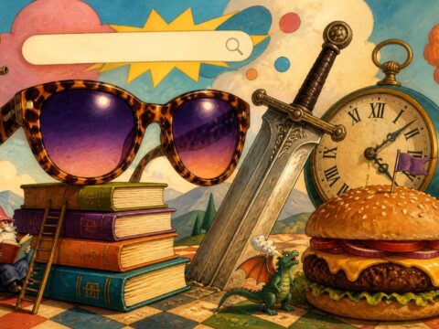 Verspielte Collage mit überdimensionaler Sonnenbrille, Claymore-Schwert, Bücherstapel, Vintage-Uhr und Cheeseburger.