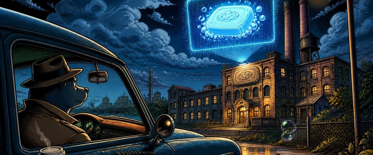Ein Kommissar im Auto starrt auf einen leuchtenden Darknet-Beitrag mit der Aufschrift 'Sonntagsplan' über einer alten Seifenfabrik, im Comicstil.