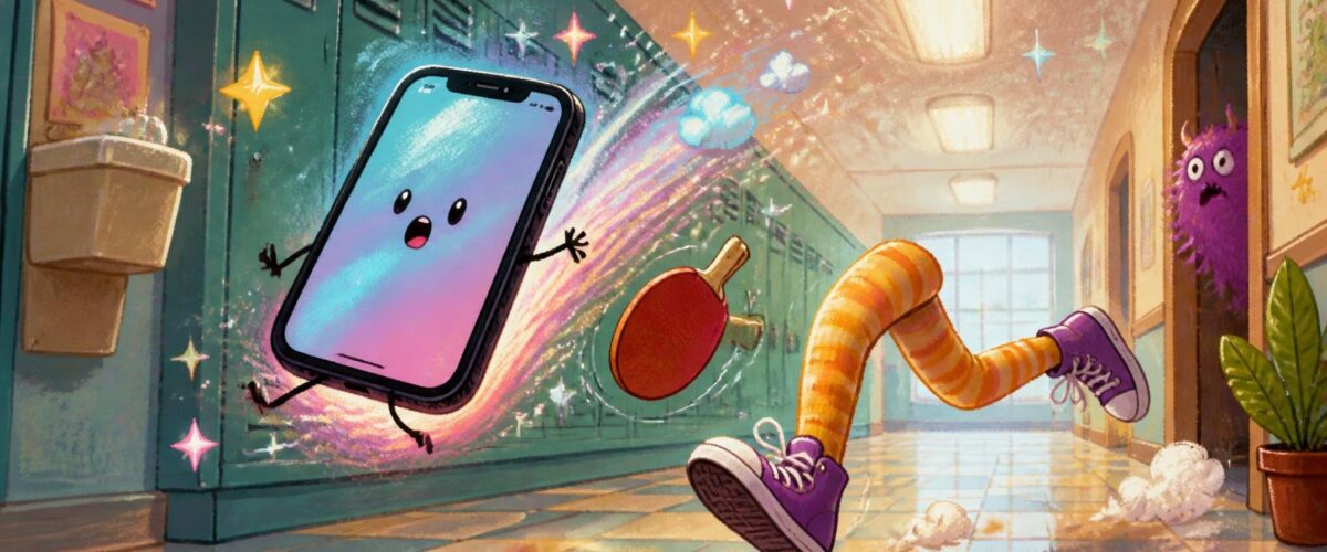 Illustration eines fliegenden Smartphones in einem Schulflur, dahinter rennende Beine, Glitzer und ein kleiner Tischtennisschläger.