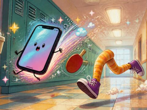 Illustration eines fliegenden Smartphones in einem Schulflur, dahinter rennende Beine, Glitzer und ein kleiner Tischtennisschläger.