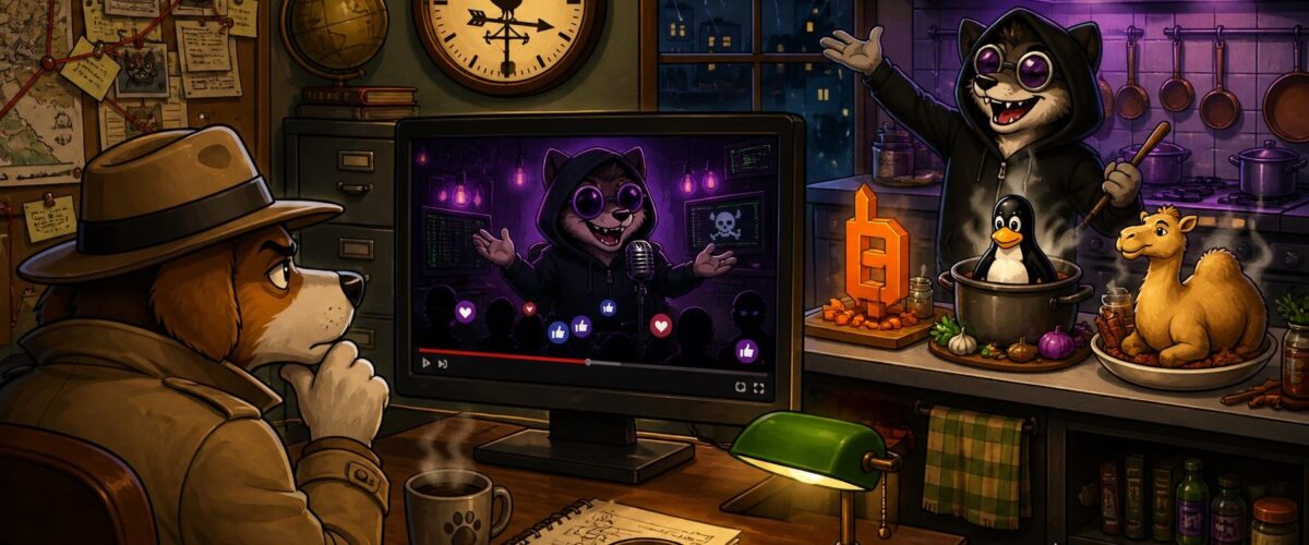 Ein Cartoon-Kommissar beobachtet einen Darknet-Livestream, in dem ein Hacker neben Symbolen für BeyondTrust, einen Linux-Pinguin und Apache Camel prahlt; eine Bahnhofsuhr zeigt Sonntag.