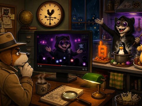 Ein Cartoon-Kommissar beobachtet einen Darknet-Livestream, in dem ein Hacker neben Symbolen für BeyondTrust, einen Linux-Pinguin und Apache Camel prahlt; eine Bahnhofsuhr zeigt Sonntag.