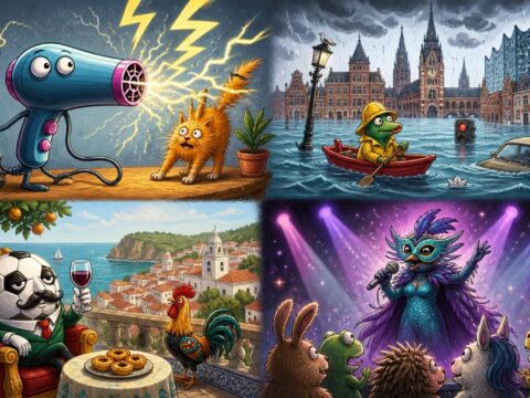 Cartoon-Haartrockner mit Funken, überflutete Straße in Hamburg, Fußballpräsident in Portugal und maskierter Sänger auf der Bühne.