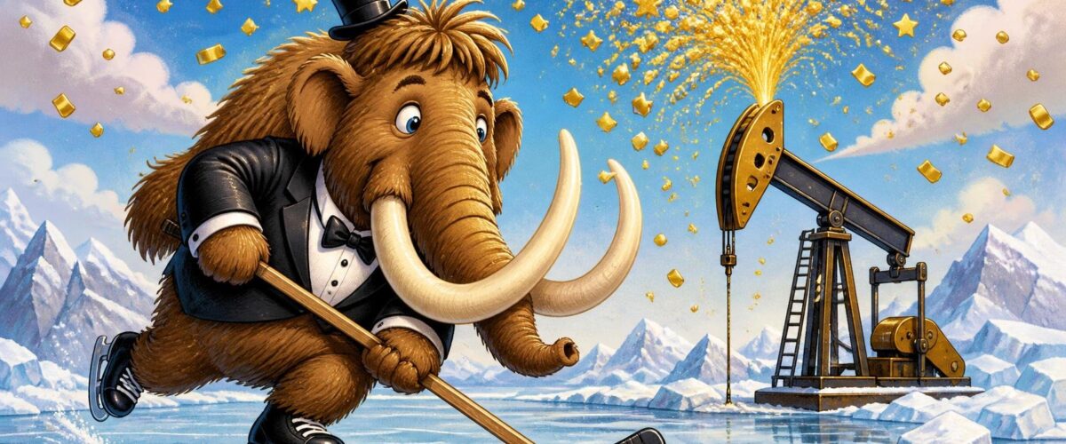 Ein Cartoon-Mammut in Smoking und Schlittschuhen hält einen Hockeyschläger, während eine Ölpumpe goldenes Konfetti sprüht.