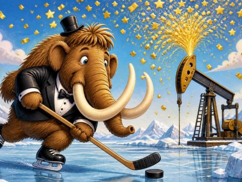 Ein Cartoon-Mammut in Smoking und Schlittschuhen hält einen Hockeyschläger, während eine Ölpumpe goldenes Konfetti sprüht.
