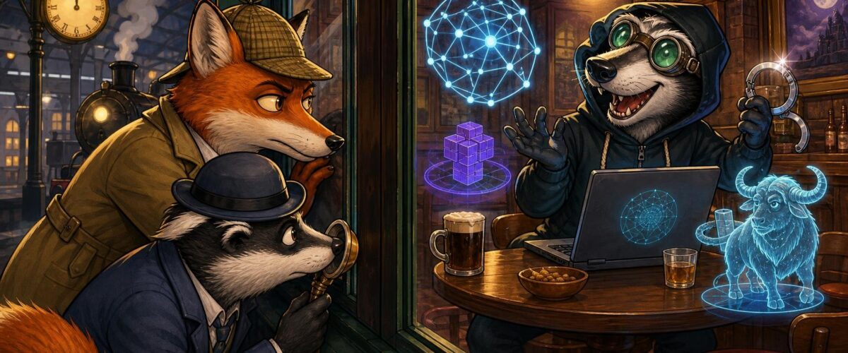 Ein Cartoon-Kommissar und eine Kollegin lauschen in einer Bahnhofskneipe, während ein Hacker mit Nexus, OpenShift und GnuTLS prahlt; Handschellen blitzen.