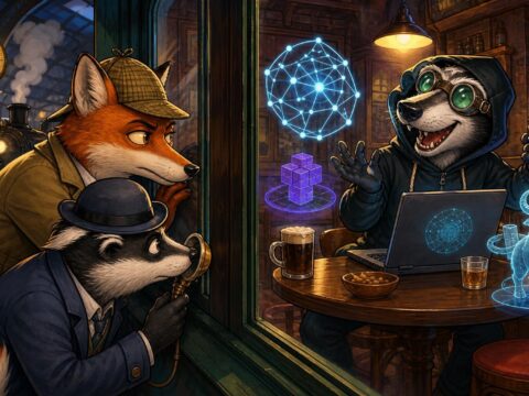 Ein Cartoon-Kommissar und eine Kollegin lauschen in einer Bahnhofskneipe, während ein Hacker mit Nexus, OpenShift und GnuTLS prahlt; Handschellen blitzen.
